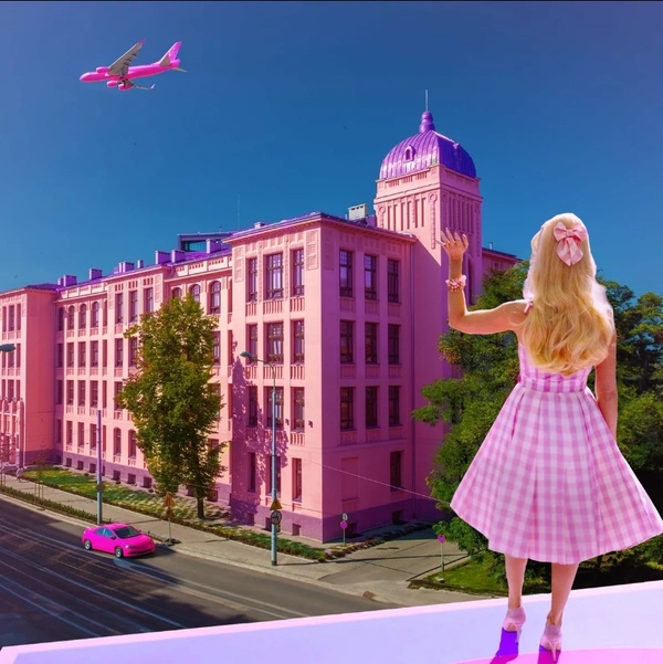 Barbie against the background of the University of Lodz Rector's Office building