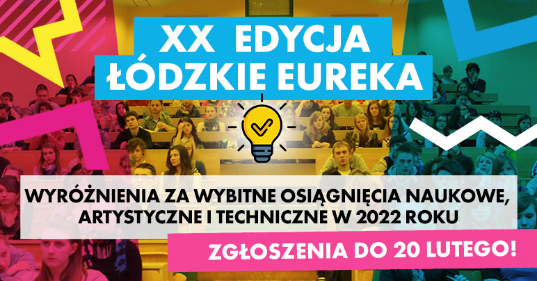 graphics related to "Łódzkie Eureka" awards with a light bulb