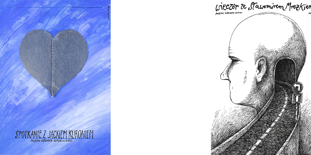 dwa plakaty Jana Zielińskiego; jeden przedstawiający dwupasmową drogę, która wiedzie w głąb ludzkiej głowy i drugi, na którym umieszczone jest wycięte z dżinsu serce