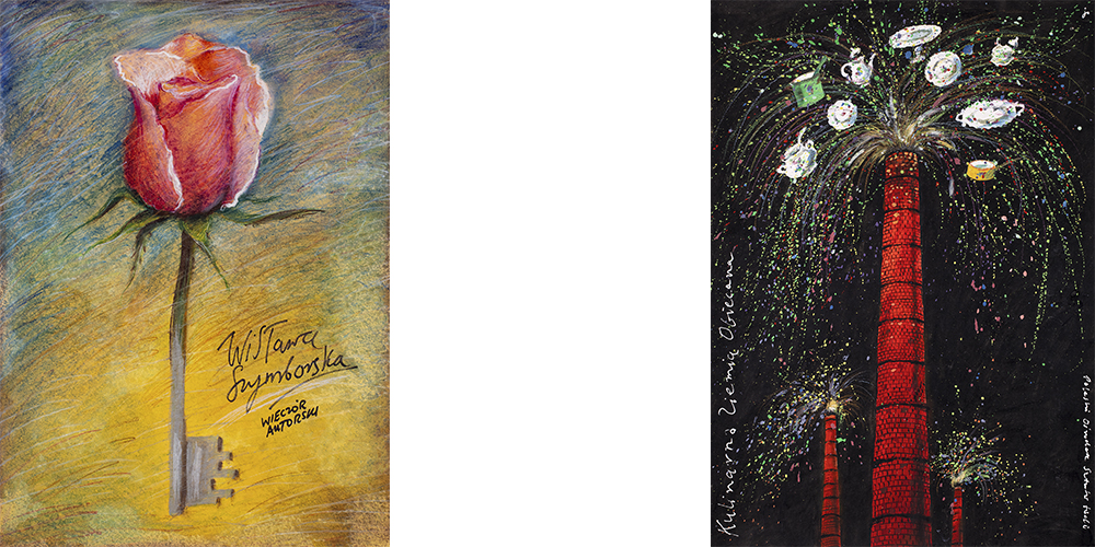 dwa plakaty Jana Zielińskiego; jeden przedstawia różę, a drugi kominy fabryczne