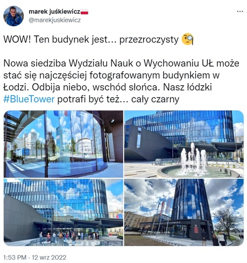 Tweet jednego z dziennikarzy na temat nowego budynku WNoW