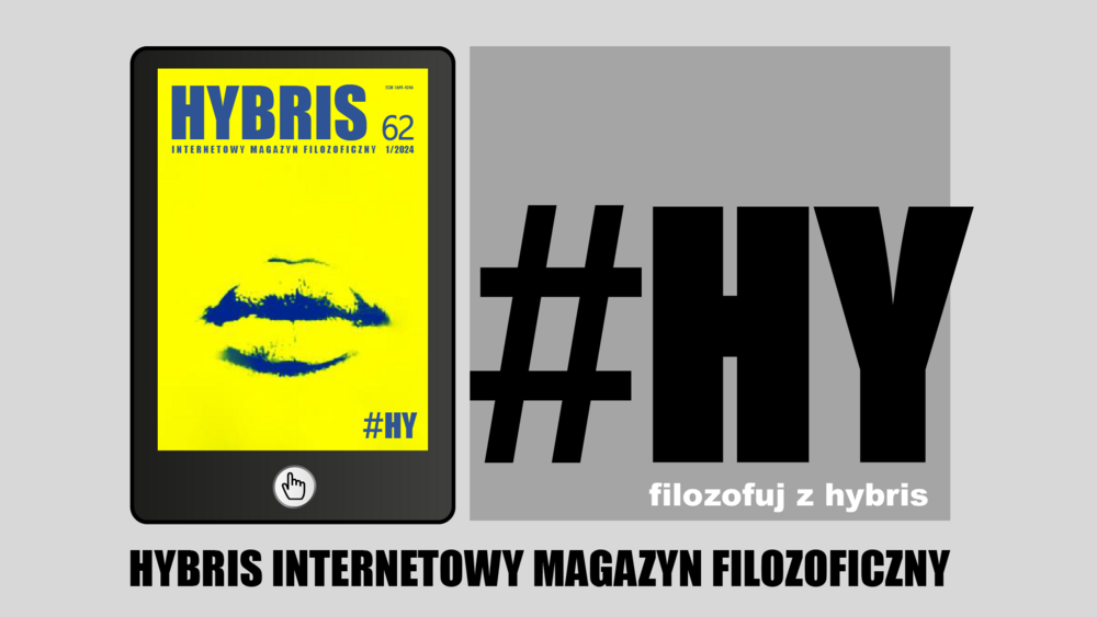 Szara grafika z okładką "Hybris" umieszczoną na tablecie