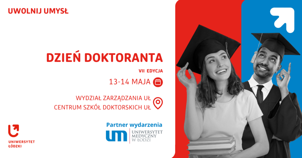 kolorowa grafika przedstawiająca doktorantkę i doktoranta wraz z tytułem wydarzenia: Dzień doktoranta VII edycja