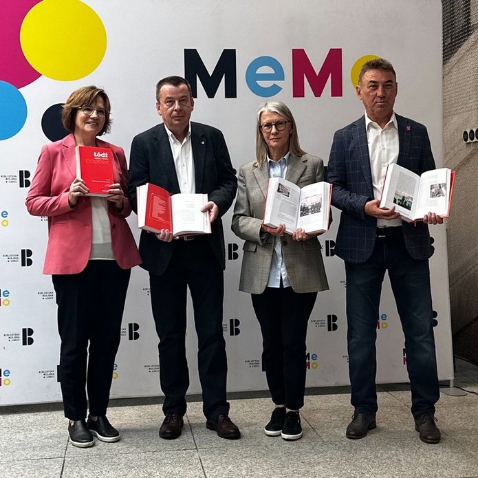 Participants of the press conference announcing the premiere of the 5th volume of the monograph "Łódź poprzez wieki. Rozmowy jak przy kawie Łódź"