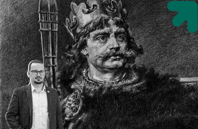 Grafika przedstawiająca Bolesława Chrobrego i profesora Adriana Jusupovića